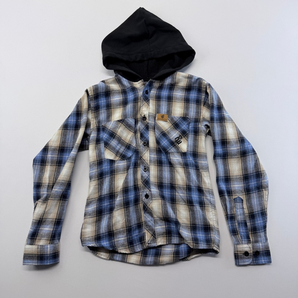 Rocawear Boys Blue Plaid Hooded Flannel Shirt Size M 10-12 Button Up Long Sleeve